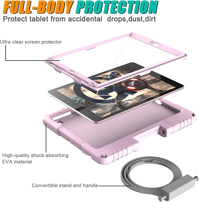Kids Case for iPad 5th/6th Generation 9.7-inch 2017/2018 Release, Lainergie iPad Air 2 Case with Screen Protector, iPad Pro 9.7 Protective Cover Lightweight Shockproof with Handle Stand, Light Pink