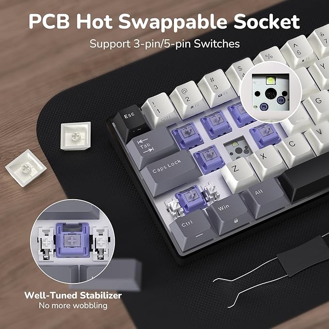 RK ROYAL KLUDGE RK61 Wireless Mechanical Keyboard, 60% Triple Mode BT5.0/2.4G/USB-C Compact Gaming Keyboard, PBT Keycaps, Pro Software, Hot Swappable Custom Switches