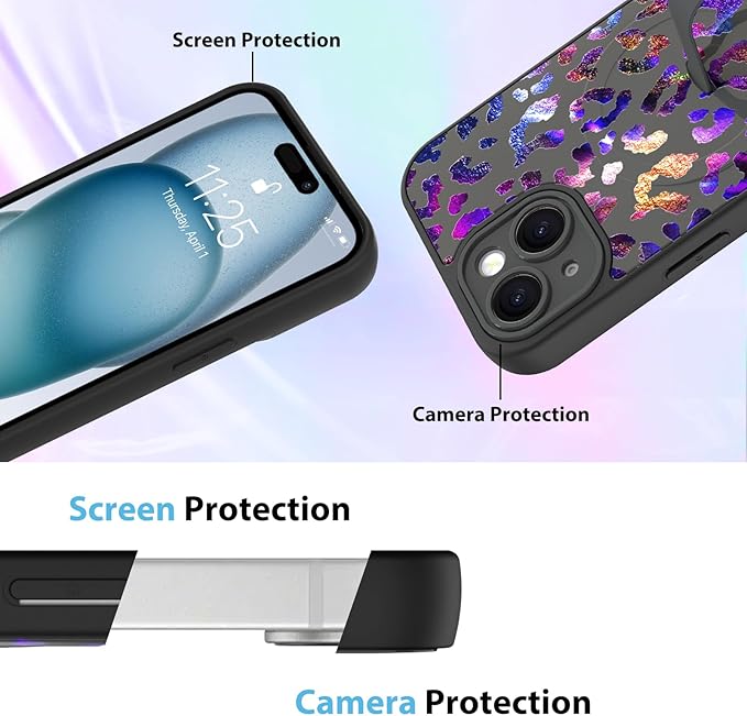 KANGHAR Compatible with iPhone 15 Case, Support for MagSafe, Silicone Cute Iridescent Leopard Cheetah Pattern, Wristband Kickstand Shockproof Protective Slim Cover for Women Girls, Black