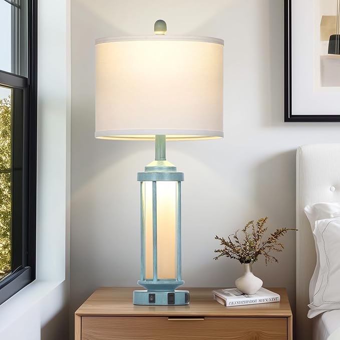 Lolikit 27" Tall Farmhouse Table Lamps for Living Room, Rustic Vintage Table Lamp with USB A+C Charging Ports & AC Outlet, Modern Retro Industrial Nightstand Bedside Lamp for Bedroom Side Table Decor