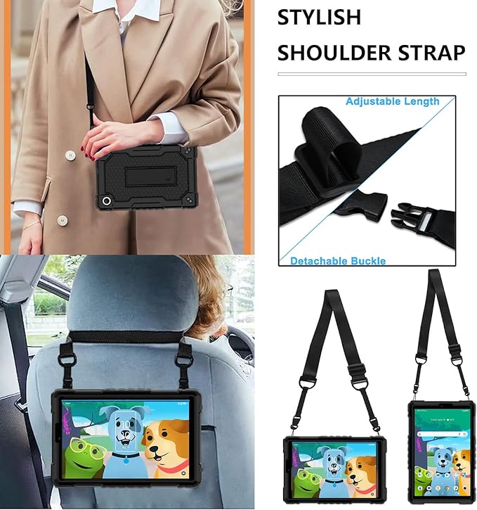 Case for for AT&T Amigo Jr. Tab 8 inch Tablet 9136K - with 2PCS Screen Protector,[Built-in Kickstand] Anti Slip Kids Friendly Shockproof Silicone Protective Cover (Black+2 PCS Glass)