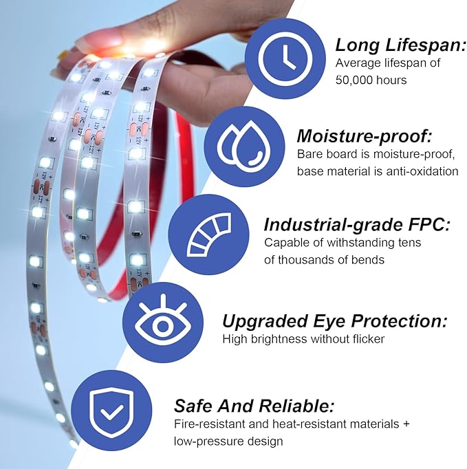 White LED Strip Lights, 32.8ft Dimmable Bright 12V LED Light Strip 8000K Pure White, 600 LEDs Flexible Tape Rope Lights for Bedrooms, Kitchen, Mirror, Living Room,Home Decoration