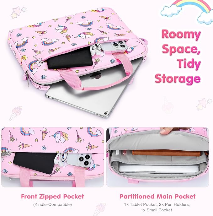 MoKo 10-12.5 Inch Kids Tablet Sleeve Carrying Case for Fire HD 10 13th/11th Gen, Fire HD 8/7 Kids 2022, Tablet Bag with Shoulder Strap for 10/10.1 Inch Android 12/13, Pink Unicorn
