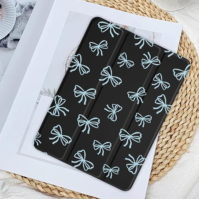 JOYLAND Blue Bow Pattern Case for iPad Pro 13-inch (M4) 2024, Clear Acrylic Hard Back Black Case with Pencil Holder Trifold Stand Tablet Cover (Model Number:A2925/A2926/A3007)