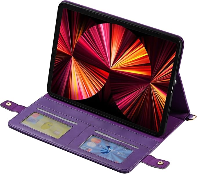 Handbag Case for iPad Pro/Air 10.5" & iPad 10.2" (2019-2021), Techcircle Folio Stand iPad Crossbody Wallet Case with Pencil Holder & Envelope Pocket, Hand Strap+Shoulder Strap Protective Cover, Purple