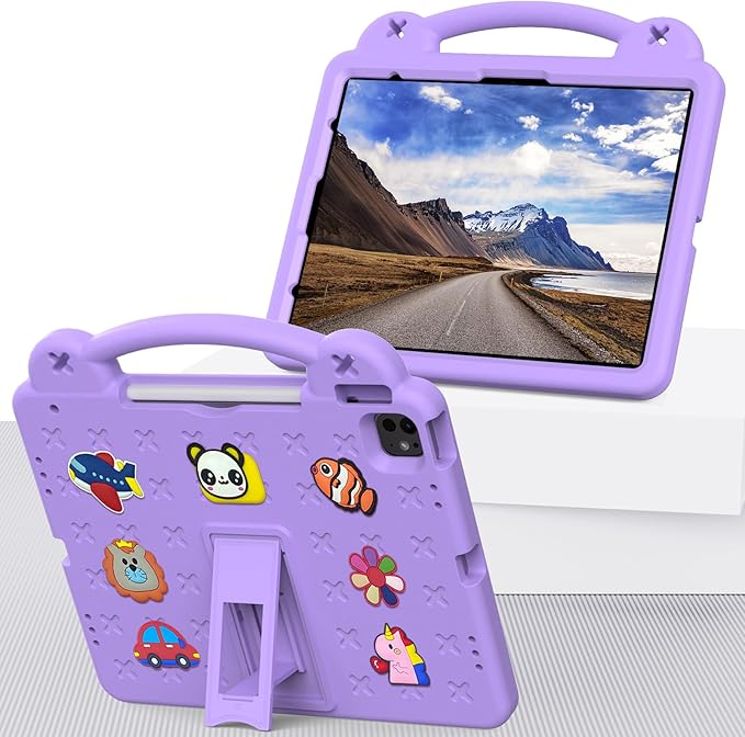 Kids Case for iPad Air 13 inch M3 2025/M2 2024,iPad Pro 13 inch M4 2024 & iPad Pro 12.9 inch Case 6th/5th/4th/3rd Gen 2022 2021 2020 2018 with Stand/Pencil Holder/Handle, Light Purple Bear