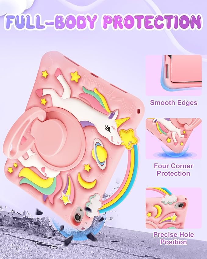 Boaretiu for iPad mini A17 Pro/6th Generation Case 8.3 Inch 2024/2021 - Cute Cartoon Unicorn Soft 3D Silicone Case with Strap & Rotating Stand for Girls Teens Tablet Cover for iPad mini 7th/6th