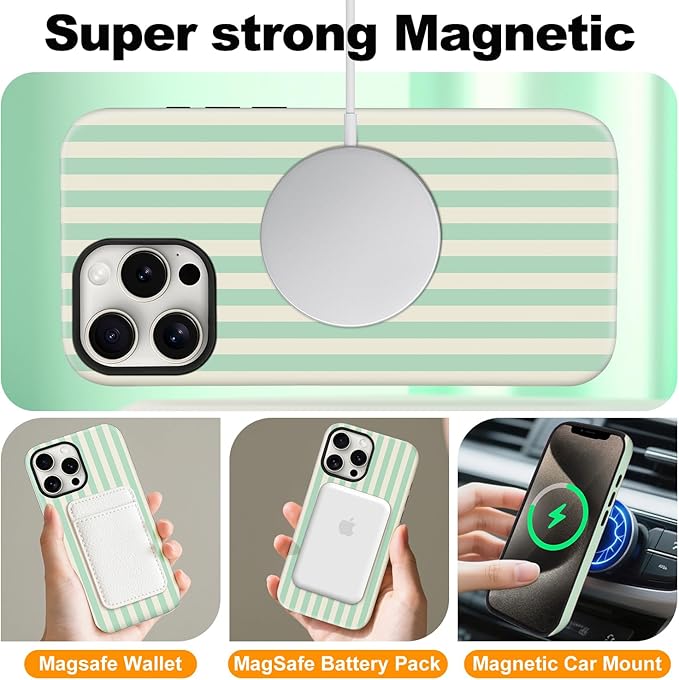 Magnetic for iPhone 11 Case Cute Stripes Phone Case, Shockproof Slim TPU and Hard PC Protective Phone Cover Compatible with MagSafe Designed for Women Girls, Light Green