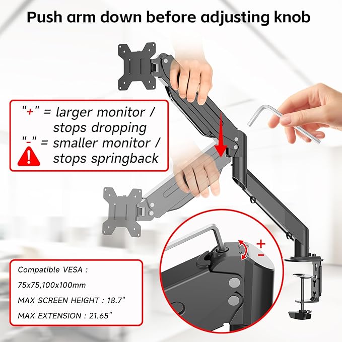 Suptek Monitor Mount Gas Spring Monitor Arm Desk Mount Fully Adjustable Fits 17 20 22 23 24 26 27 32 35 inch Monitors Weight Capacity up to 24.25 lbs