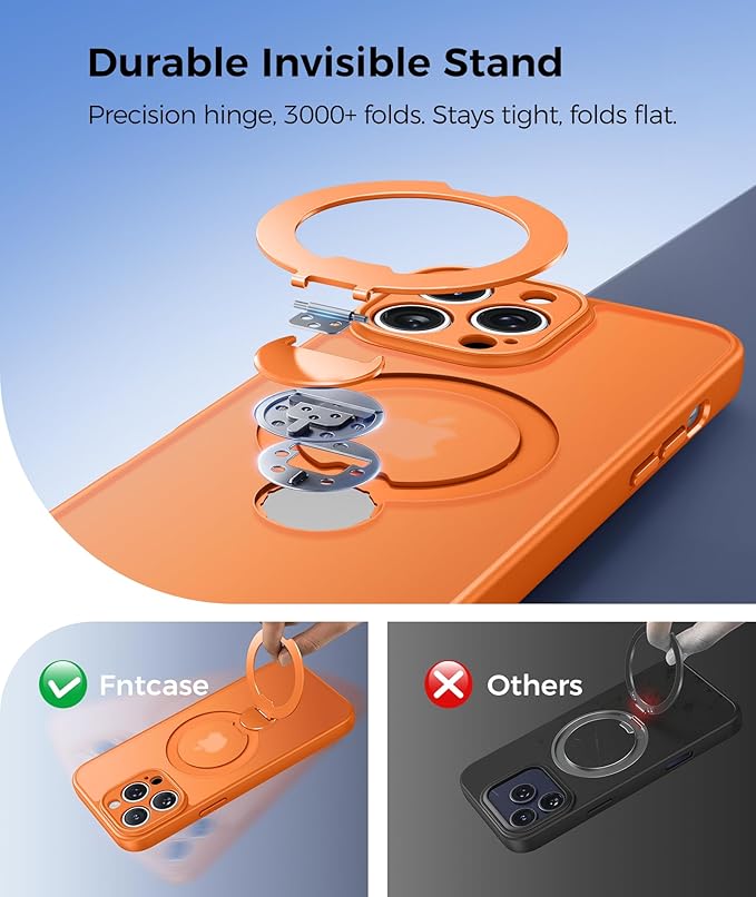 FNTCASE for iPhone 14 Pro Case: [360 Spin Magnetic Stand] [Compatible with Magsafe] [Screen Protector] Translucent Matte Military Grade Shockproof Full Camera Protective Phone Cover - Orange