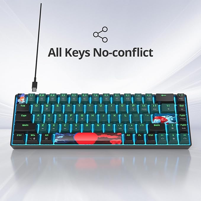 Protable 60% Percent Gaming Keyboard Mechanical, Mini Compact Ice-Blue LED Backlit 68 Keys Wired Office Keyboard with Red Switch for Mac/Win/PS4/PS5(68Green/red Switch)