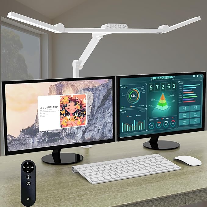 Micomlan Architect Desk Lamp with Clamp, Led Desk Lamp for Home Office with Remote Control, 24W Bright Dimmable Computer Light with Atmosphere Lighting Adjustable Table Light(Remote)