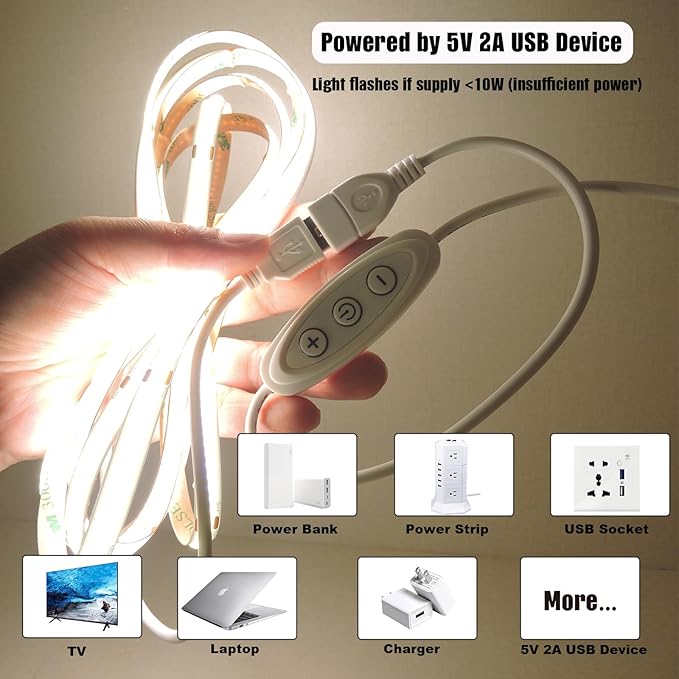 COB LED Strip Lights Natural White 4000K CRI 92+ Even Lighting Short 5V Dimmable Flexible Cuttable 6ft with Dimmer Switch for Desk Cabinet Home Office DIY Project Decoration