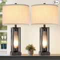 Set of 2 Industrial Table Lamps for Living Room with USB C+A, Vintage End Table Lamp for Bedroom with Gray Nightlight, Farmhouse Rustic Desk Lamp for Bedside, 4 Bulbs Included (Iron Gray)