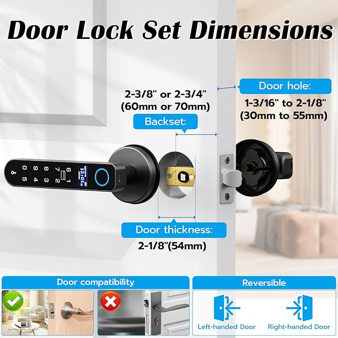 Fingerprint Keyless Entry Bedroom Door Lock with Code RFID Card NFC APP Keypad, Smart Biometric Automatic Interior Door Handle with Lock for Indoor Hotel Pantry Apartment Office Home, Black