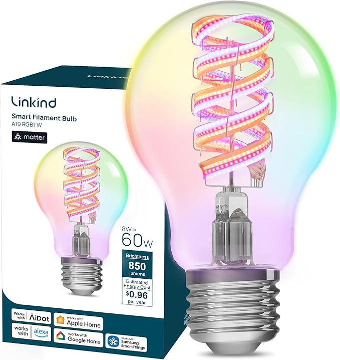 Linkind Matter Smart Light Bulbs, Works with Alexa/Apple Home/Google Home, A19 Smart Edison Bulb with Music Sync & Light Show, Tunable White(1800K-6500K), E26 LED 60W Eqv 850LM, 1Pack