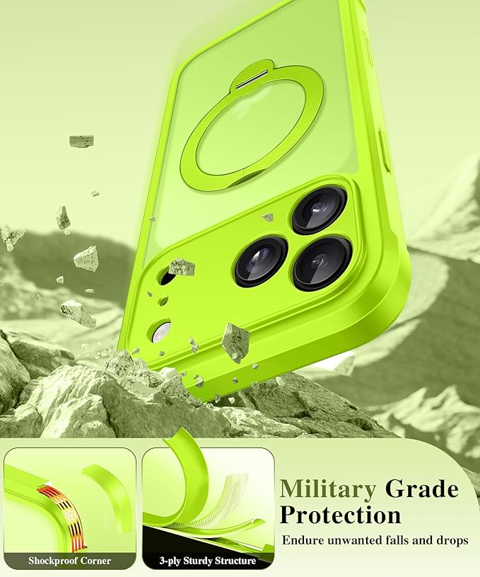 BERFY for iPhone 17 Pro Case, Compatible with MagSafe, Built in Privacy Screen Protector, Shockproof Full Body Phone Case for 17 Pro with Magnetic Stand, Translucent Bright Green
