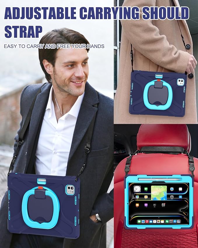 BRAECN for iPad Pro 11 Inch Case (M5/M4) 2025/2024, Shockproof Silicone Cover with Built-in Screen Protector, Multiple Adjustable Viewing Angles, Shoulder Strap, Handle Grip, Pencil Holder, Navy Green