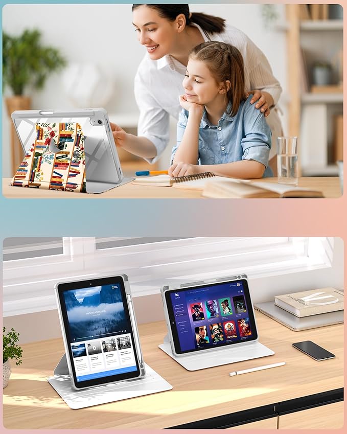 Uppuppy for iPad A16 Case for iPad 10th Generation Case 10.9 inch - 360 Degree Rotating Stand Folio Smart Cover with Pencil Holder for Women Girls, Flower Bookshelf for Apple 10th 2022/11th 2025