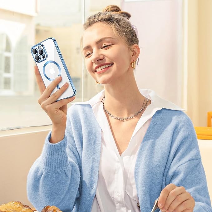 Hython Magnetic Clear for iPhone 12 Pro Max Case with Camera Lens Protector [Compatible with MagSafe] Plating Edge Slim Soft TPU Cover Protective Phone Case for iPhone 12 Pro Max 6.7", Light Blue