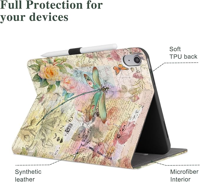 Vimorco Case for iPad (A16) 11th Generation 2025, for iPad 11th/10th Generation Case, Pencil Holder with Hand Strap & Pocket, Multi-Angle Viewing PU Leather Cover, Auto Wake/Sleep, Dragonfly Flower