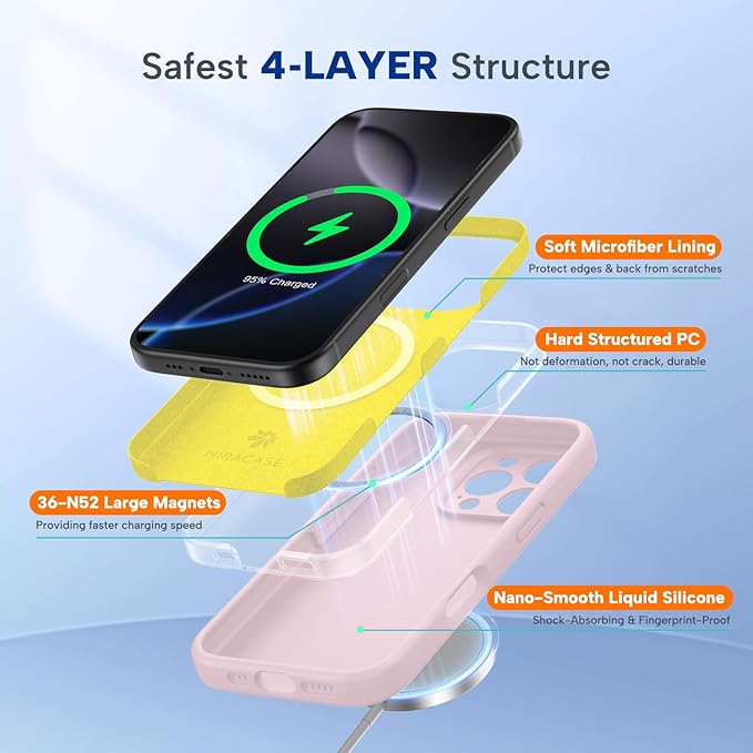 Miracase Magnetic for iPhone 16 Pro Case, [Soft Anti-Scratch Microfiber Lining], Compatible with MagSafe, Liquid Silicone Case Shockproof Drop Protection Phone Case for 16 Pro,Sand Pink