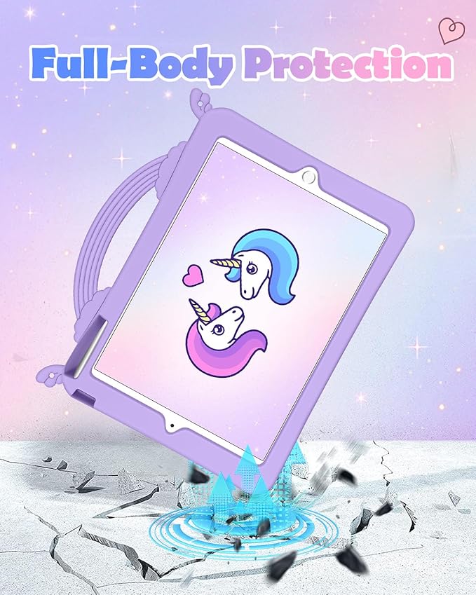 Uppuppy for iPad 5th/6th Gen, Air1/ Air2, Pro 9.7 Inch Case - Cute Girls Kawaii Cover Girly Cartoon Teen with Stand&Strap Purple Soft Silicone Cases for iPad 6/5 Generation, Air 1st/2nd, Pro 9.7 Cases