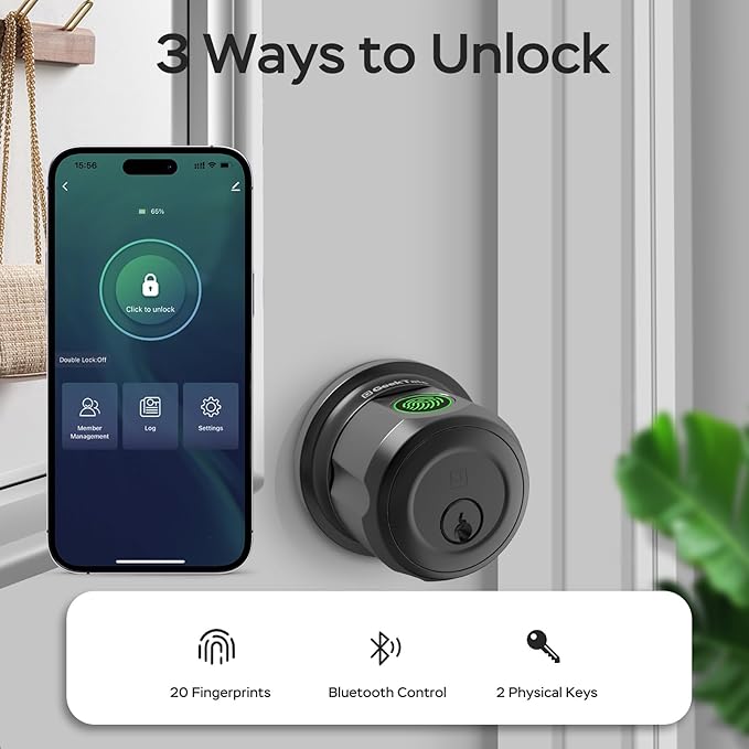 GeekTale Fingerprint Deadbolt, Fingerprint Door Knob, Smart Deadbolt Lock, Smart Door Lock, Twist to Lock&Unlock, Keyless Entry Door Lock with App, for Front Door, Garage, Easy Installation