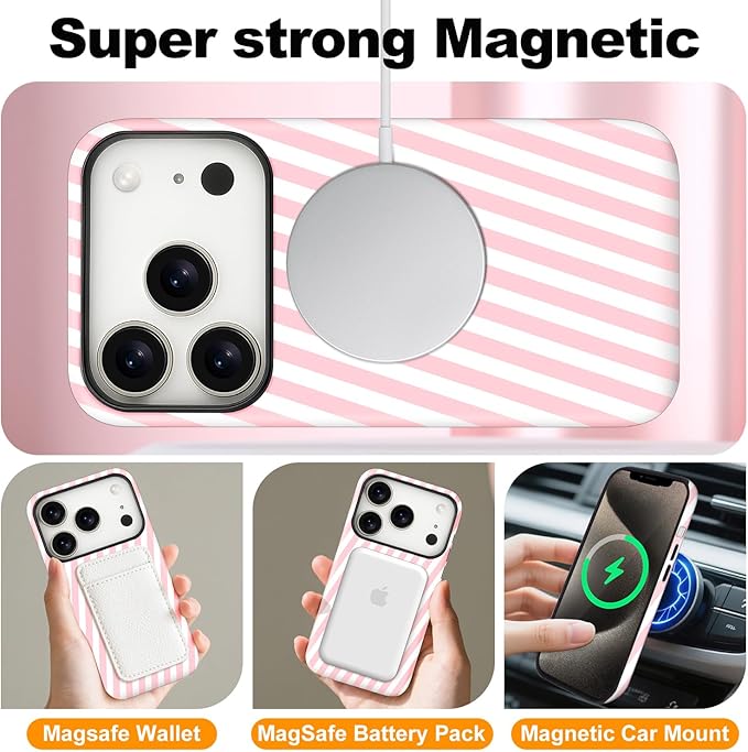 Magnetic for iPhone 17 Pro Case Cute Diagonal Stripes Phone Case, Shockproof Slim TPU and Hard PC Protective Phone Cover Compatible with MagSafe Designed for Women Girls,Pink