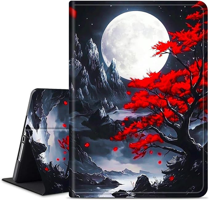 for Amazon Kindle Fire 7 (9th/7th/5th Generation, 2019/2017/2015 Release) 7" Tablet Case, Slim Kickstand Stand Leather Smart Cover with Auto Wake/Sleep, Red Leaf Moon