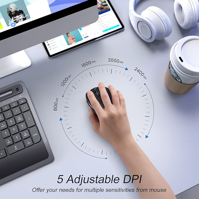 HOTWEEMS Wireless Mouse Bluetooth, Ergonomic Computer Mouse with 2400 DPI 5 Levels, 6 Buttons, 18 Month Battery, Silent Mouse for Laptop Mac PC Chromebook