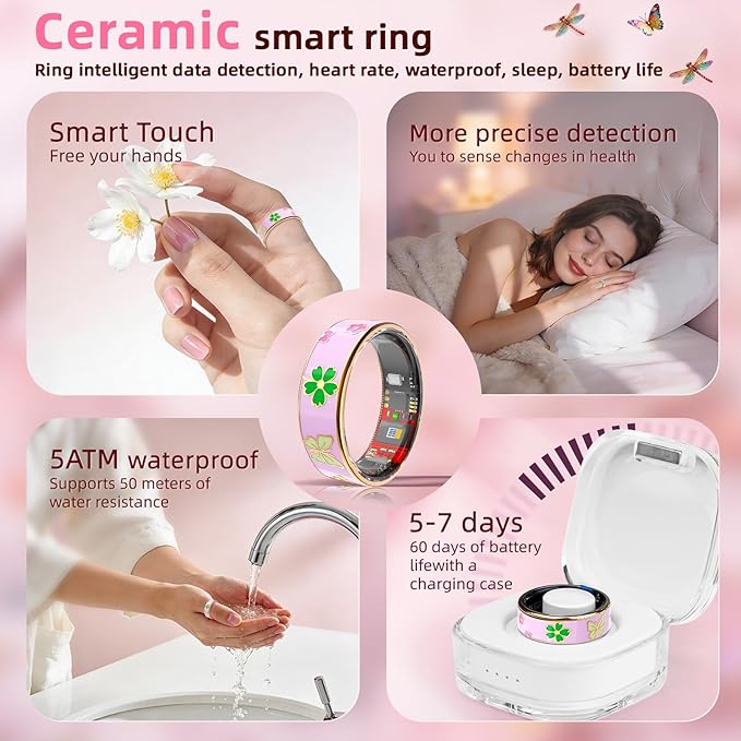 Enamel Craft Smart Ring for Women & Men No Subscription Fee Fitness Tracker with Sleep Tracking, Heart Rate, SpO2 - IP68 Waterproof for iOS Android - Activity Tracker, Remote Camera (Pink, 10)