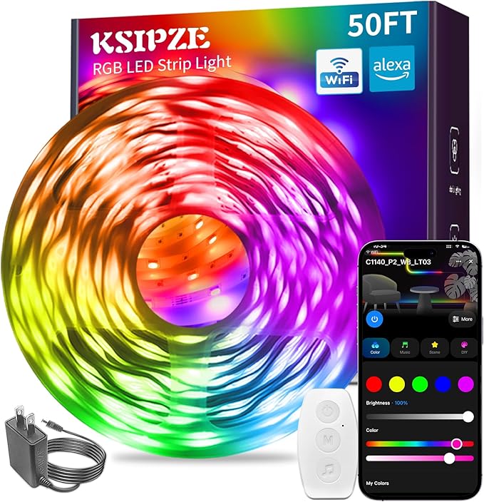 KSIPZE LED Strip Lights 50FT, RGB LED Lights for Bedroom, Smart APP Control LED Lights, Music Sync, DIY Multiple Colors, Flexible Color Changing LED Strip Lighting for Home Room Decor
