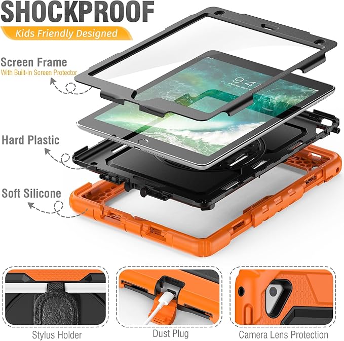HXCASEAC Rugged Case for iPad Pro 9.7, iPad Air 2, 9.7 inch, Full Body Protective Design with Pencil Holder, Built-in Screen Protector, Rotating Stand, Hand Strap, for iPad Air 2 Hard Case (Orange)