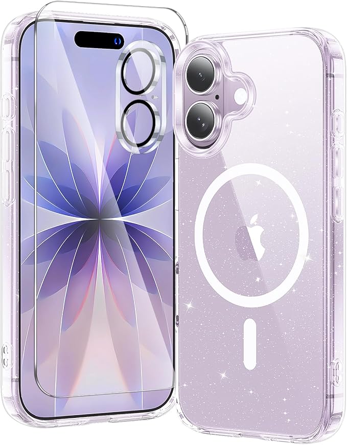 toushion 3 in 1 for iPhone 17 Case Clear Glitter,Fits MagSafe, Not Yellowing, Screen Protector*1 Camera Lens Protector*1, Military-Grade Protection for Phone Cover 6.3 inch