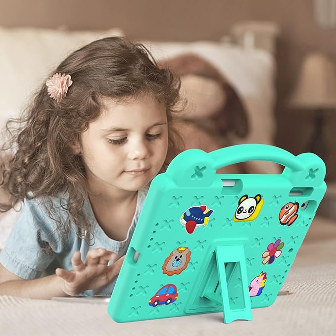 Dteck Kids Case for iPad 9.7 Inch 6th/5th Gen 2018/2017 & iPad Air 2/1 & iPad Pro 9.7,Cartoon Panda Shockproof Rugged Lightweight Pencil Holder Convertible Handles Stand Kids Friendly Case,Mint Green
