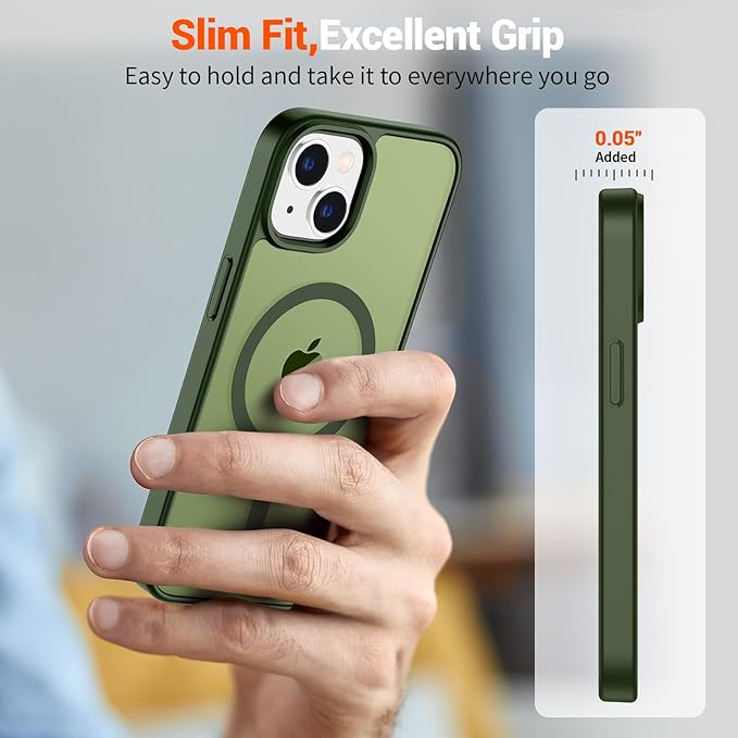 SUPFINE Magnetic for iPhone 15 Case (Compatible with MagSafe) (Military Grade Drop Protection) Slim Translucent Matte Shockproof with Anti-Fingerprint Phone Case, Cangling Green