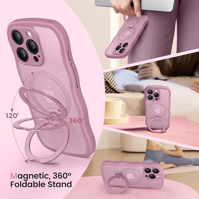 CAPRARO for iPhone 14 Pro Max Case with 360° Spin Magnetic Stand for Women, [Compatible with MagSafe] [Full Camera Protection] Cute Wave Translucent Matte Case for iPhone 14 Pro Max, Black Currant