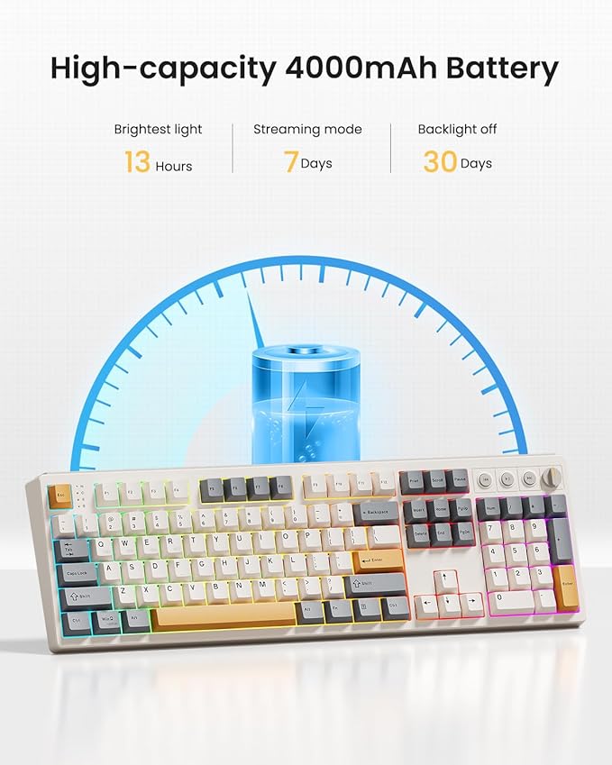 Kisnt KN104 Wireless Mechanical Gaming Keyboard, 100% Full Size 104 Keys with Number Pad, Custom RGB Backlit, Creamy Sound, Hot Swappable, Bluetooth/2.4GHz/USB-C for Win/Mac/PC (Retro Beige)