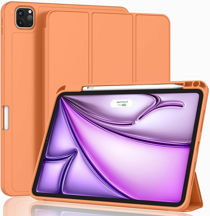 ZryXal New iPad Air 13 Inch Case M3 2025/M2 2024 with Pencil Holder, Trifold Stand Smart Case with Soft TPU Back,Auto Wake/Sleep(Orange)