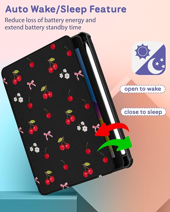 Uppuppy for iPad mini 7 Case (A17 Pro) for iPad mini 6th Generation Case - 360 Rotating Stand Folio Smart Cover with Pencil Holder for Women, Cherry Bow Flower for Apple Tablet Mini 8.3” 2024/2021