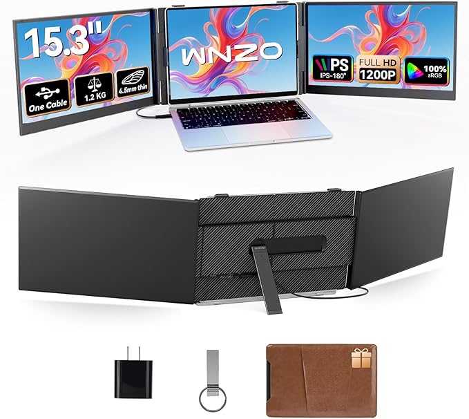 Laptop Screen Extender 15.3" Triple - One Cable Connection Portable Monitor Ultra-Light & Ultra-Slim 2.74lbs 1200P FHD IPS Extra Screen for 13"-17.3" Laptops Compatible with Wins/Mac/Android/Chrome
