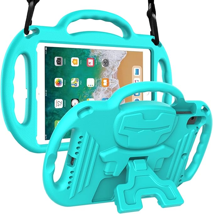LTROP Kids Case for iPad 5th/6th Generation (9.7 inch, 2017/2018), iPad Air 1 & Air 2 & Pro 9.7 Kids Case with Shoulder Strap Handle Stand for iPad 5/6 & iPad Air 1st/2nd Gen, Turquoise