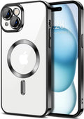 Hython Magnetic Clear for iPhone 15 Case with Camera Lens Protector [Compatible with MagSafe] Luxury Plating Edge Slim Soft TPU Cover Protective Phone Case for iPhone 15 6.1", Black