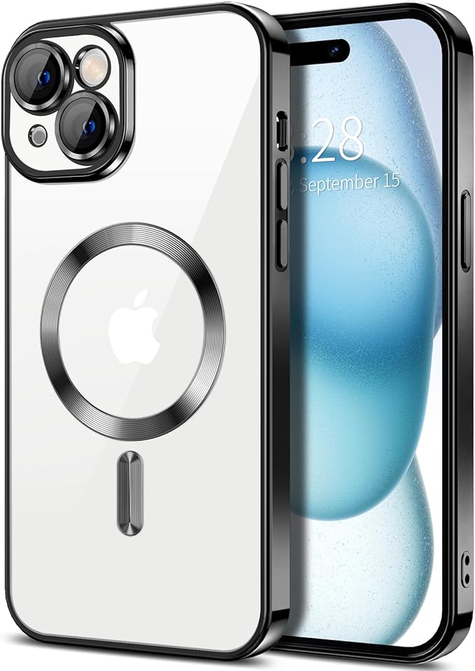 Hython Magnetic Clear for iPhone 15 Case with Camera Lens Protector [Compatible with MagSafe] Luxury Plating Edge Slim Soft TPU Cover Protective Phone Case for iPhone 15 6.1", Black