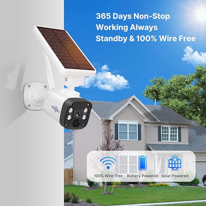 Hiseeu Security Camera Wireless Outdoor, 2K Solar Camera, Battery Powered, Wire-Free, IP66, PIR Detection, 2-Way Audio, Compatible Wireless Security System, Compatible with Alexa