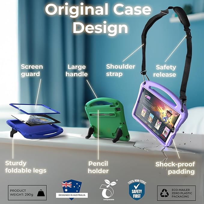 Bam Bino Space Suit iPad 9th Generation Case Kids, iPad 8th/7th/10.2 inch iPad Case for Kids | Lightweight Cover with Screen Protector, Handle, Stand, Shoulder Strap, Pencil Holder (Mint Green)