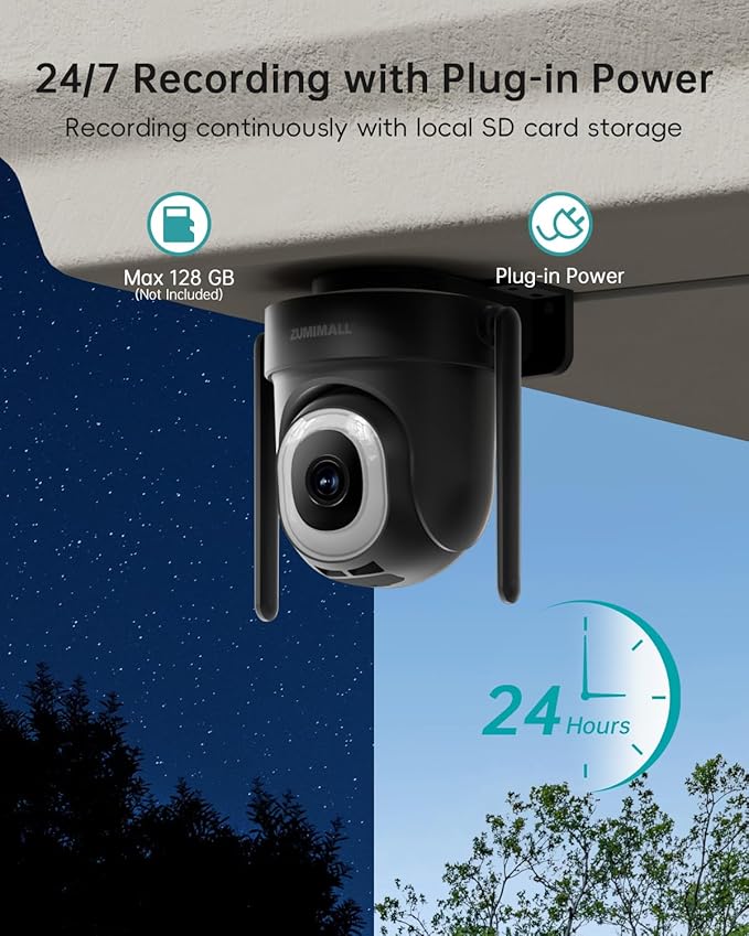 ZUMIMALL 2.5K Wired Cameras for Home Security, 2.4G/5G WiFi Outdoor Camera, 5MP, 24/7 Recording,AI Motion Detection, Cloud & SD Card Storage, 2-Way Audio, 360° PTZ Auto Tracking, IP66-2-Pack (Black)