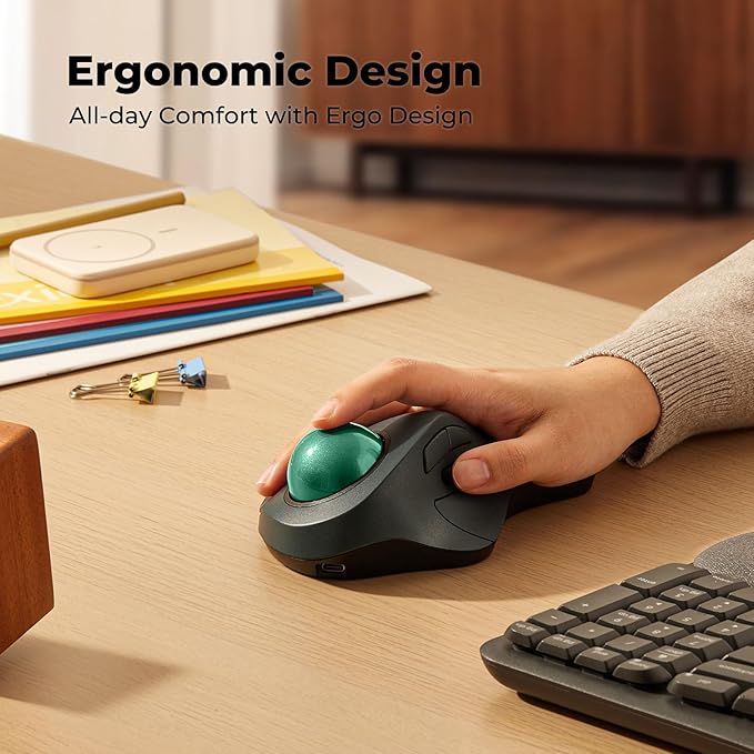 Wireless Trackball Mouse for Large Hands, Ergonomic Index Finger Control, Rechargeable Bluetooth/USB Mouse with Precise Smooth Tracking, Multi-Device Connection for Windows & Mac, Green