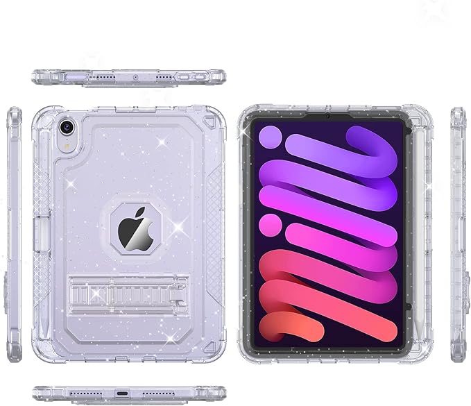 ZoneFoker Case for iPad mini A17 Pro, for iPad mini 7th/6th Generation Case 8.3 inch 2024/2021 with Pencil Holder/Stand, Slim Cover for i Pad Mini 7/6 (Clear Glitter)